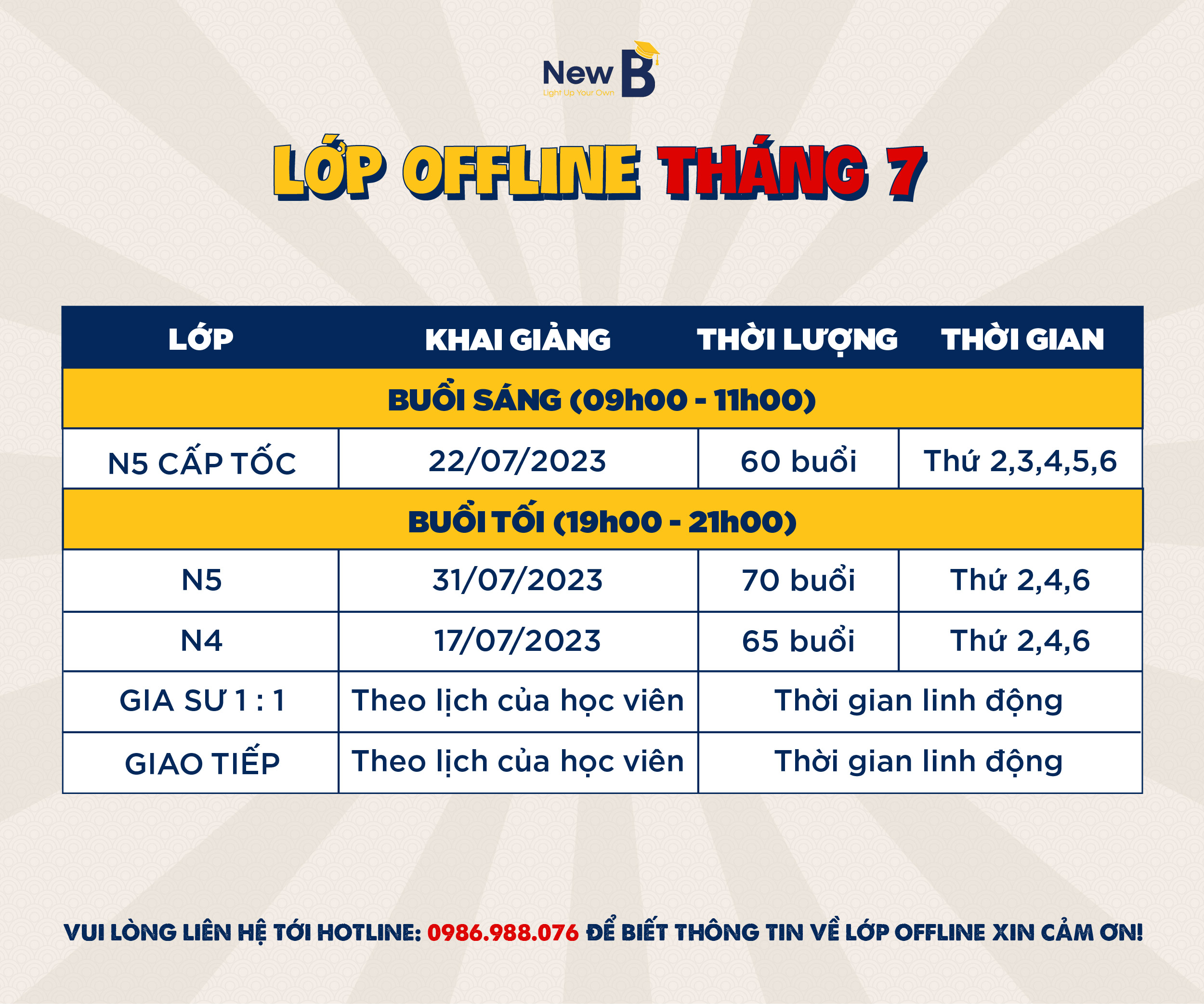 lịch khai giảng tháng 7 lớp offline